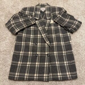 90s Vintage Karen Scott Plaid Wool Coat | Gray & Cream Plaid | Size 12